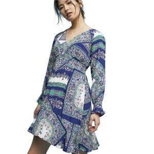 Maeve Anthropologie Monaco‎ Dress Women Large Blue Paisley A Line Long Sleeve